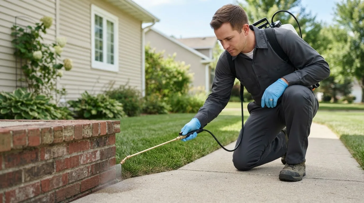 Pest control technician treating a home near Harmony, NC