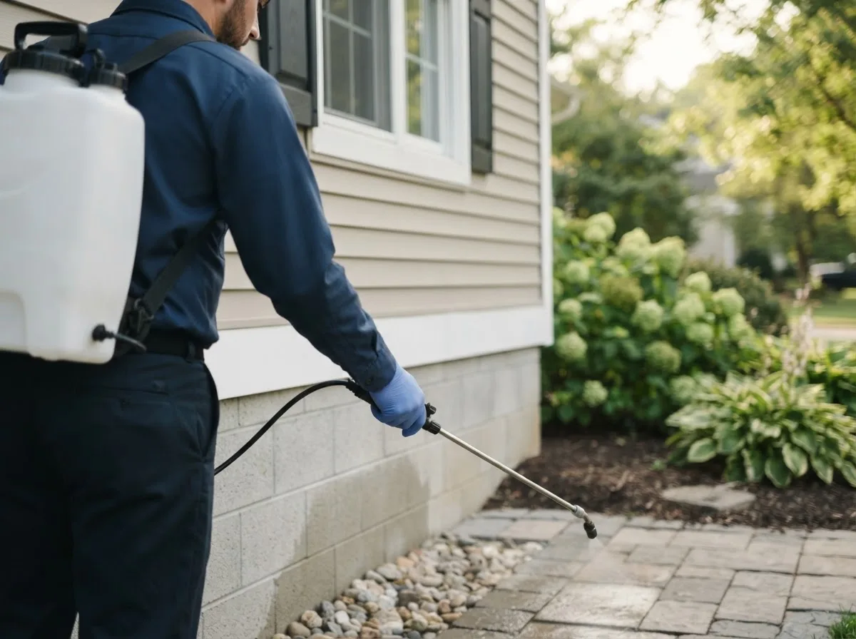 Pest control technician inspecting a home in Harmony, NC